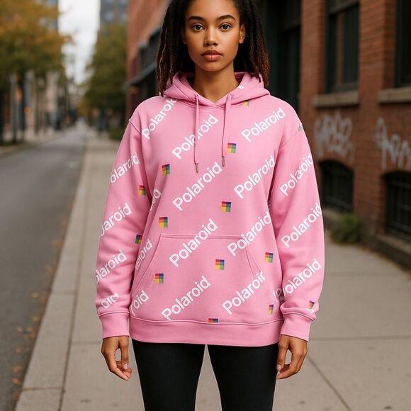 Polaroid Retro Pink Popover Kangaroo Hoodie Size XL - Picture 1 of 11